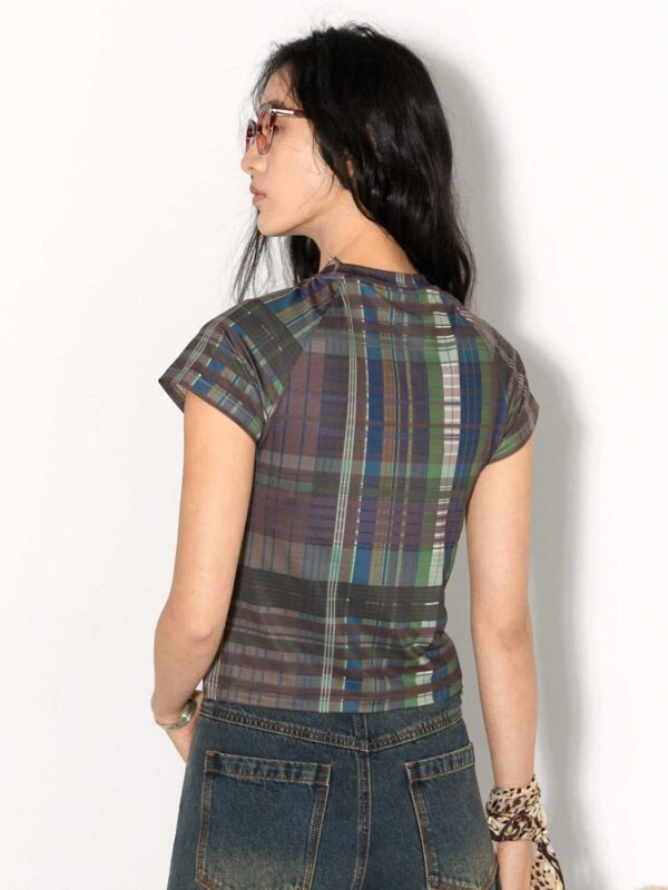 Milk Silk Plaid Stitching Breathable Short-sleeved T-shirt Couple - Image 4