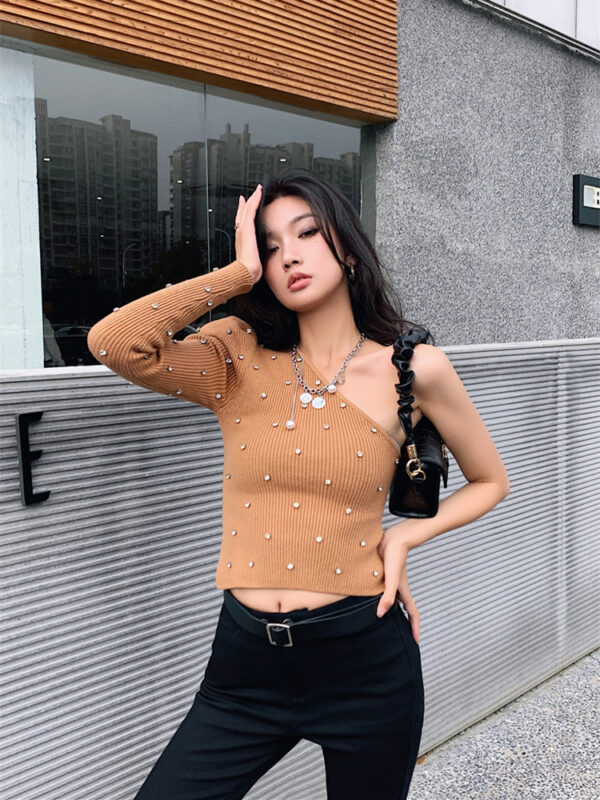 Nail drill off-shoulder short knitted sweater top - Image 2
