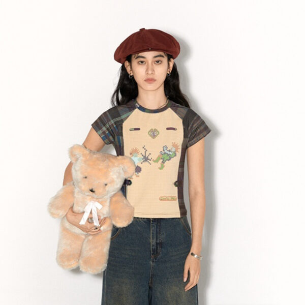 Milk Silk Plaid Stitching Breathable Short-sleeved T-shirt Couple