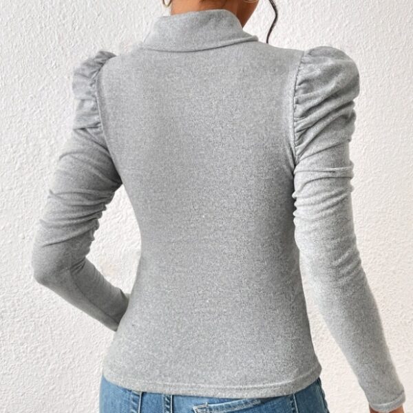 Women's High Neck Solid Color Bubble Sleeve Slim Fit Base T-shirt - Image 3
