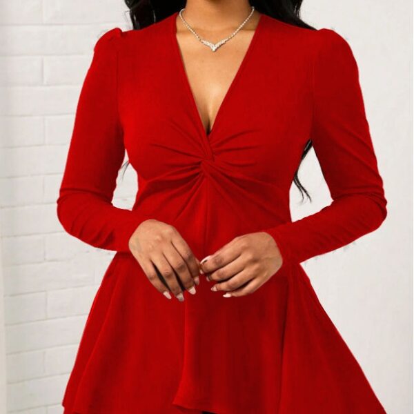 Women's Solid Color V-neck Cinched Waist Slimming Neckline Knot Design Wide And Relaxed Top - Image 4
