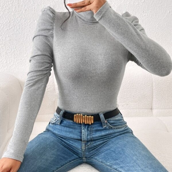 Women's High Neck Solid Color Bubble Sleeve Slim Fit Base T-shirt - Image 2